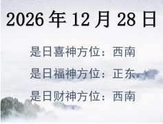 2026年12月28日財神方位查詢-2026年12月28日財神喜神福神方位大全